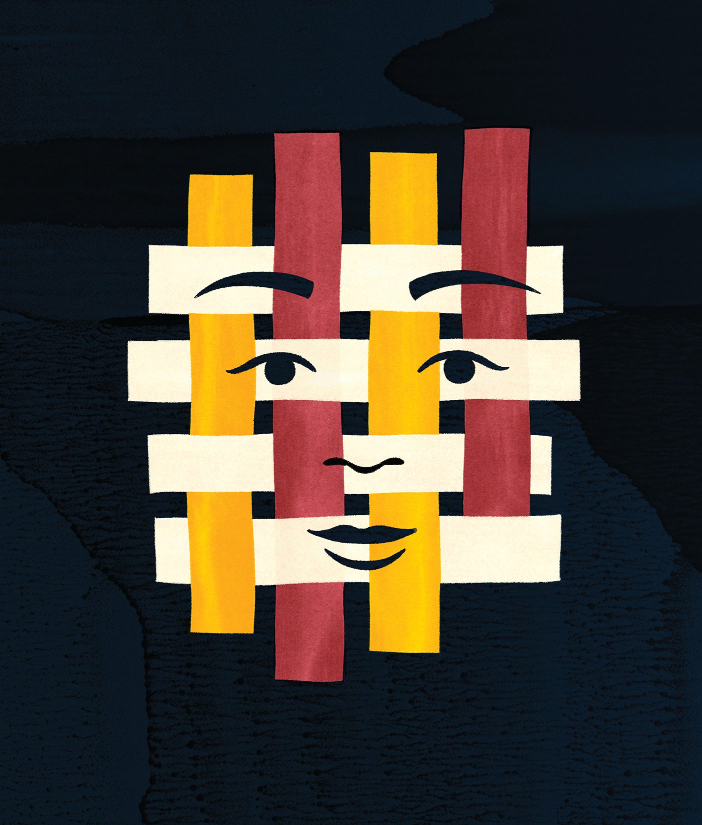 An illustration of woven strips of color with a face on top of it.