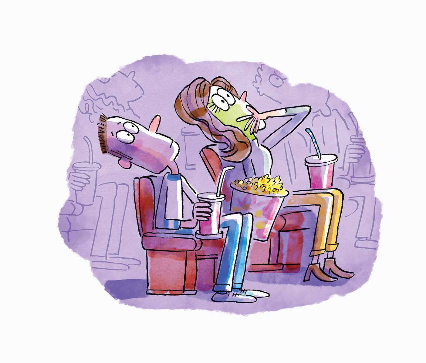 An illustration of a man and a woman are at a movie theater eating popcorn. The woman looks as if she is about to vomit.