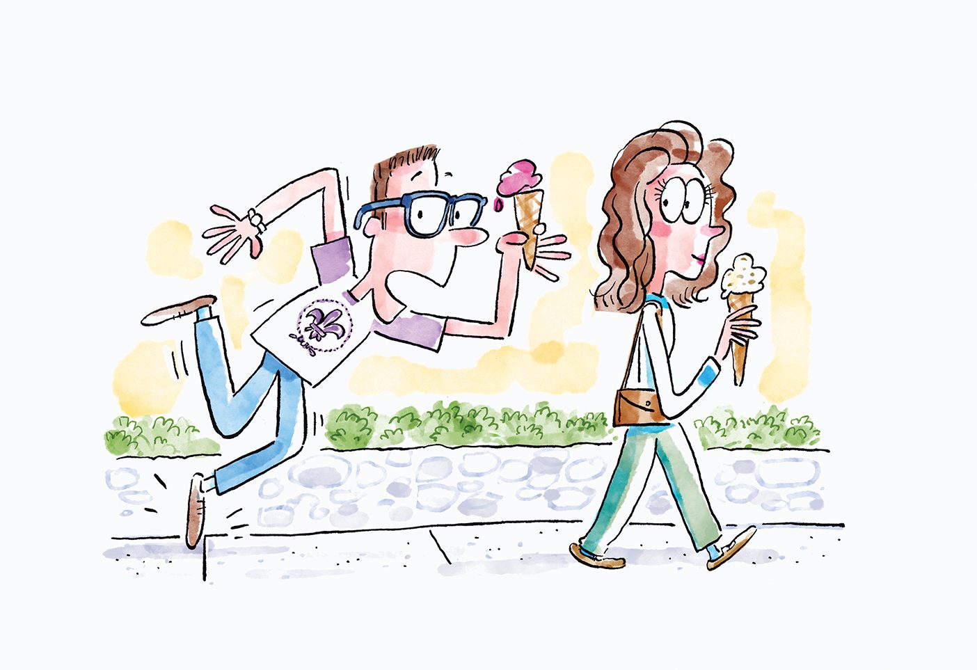 An illustration of a man and woman walking with ice cream cones. The man is the middle of tripping to the ground.