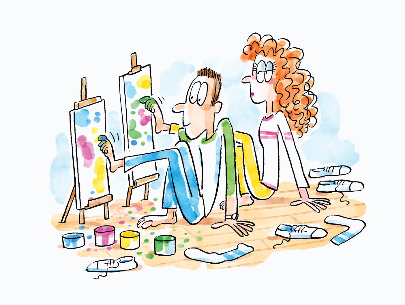 A cartoon depicting a date where two students are seated on the floor and are painting colorful patterns on canvasses with their toes.
