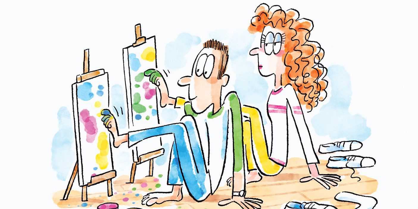 A cartoon depicting a date where two students are seated on the floor and are painting colorful patterns on canvasses with their toes.