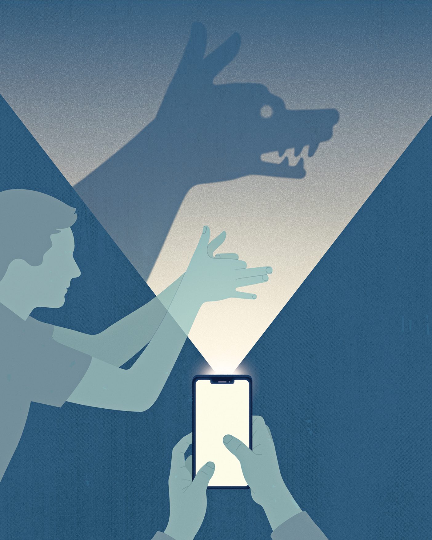 An illustration of a man making a shadow puppet of a dog with a smartphone flashlight as the light. The shadow shows a fanged wolf rather than a dog.