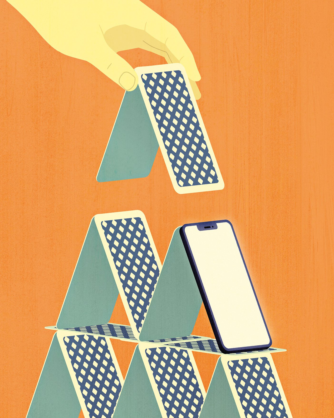 An illustration of someone a pyramid with a deck of cards. One of the cards looks like a smartphone.