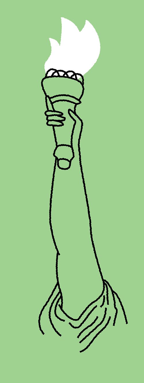 Line drawing of an arm carrying a lit torch, like the Statue of Liberty.