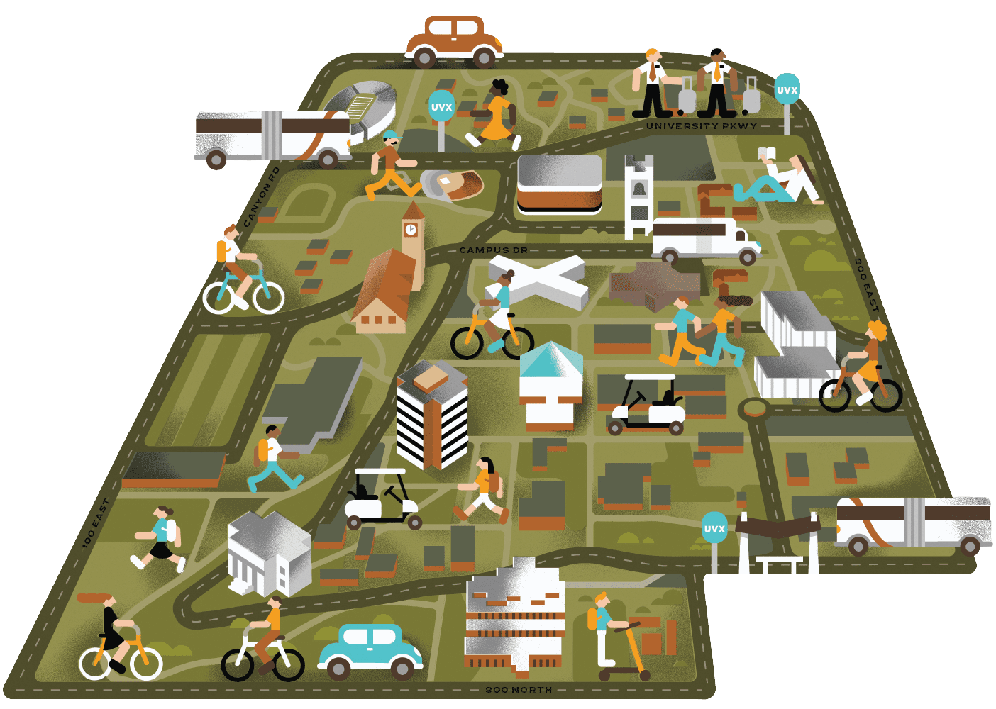 Illustrated map of BYU campus depicting various modes of transportation.