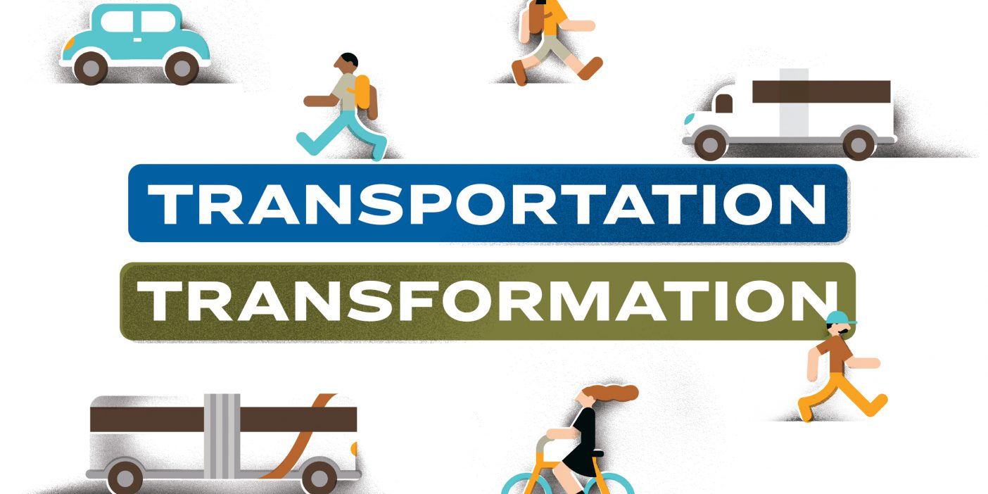 Title "Transportation Transformation" with illustrations of pedestrians, bikers, cars, and buses.