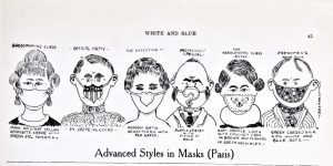 A cartoon from early 1919 in BYU's student newspaper showing various styles of medical masks to fight the 1918 flu. The caption reads,
