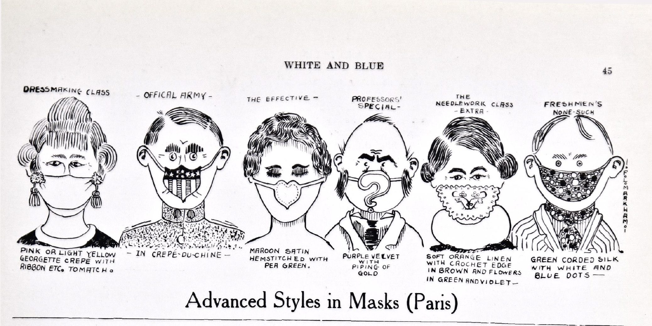 A cartoon from early 1919 in BYU's student newspaper showing various styles of medical masks to fight the 1918 flu. The caption reads, "Advanced Styles in Masks (Paris)."