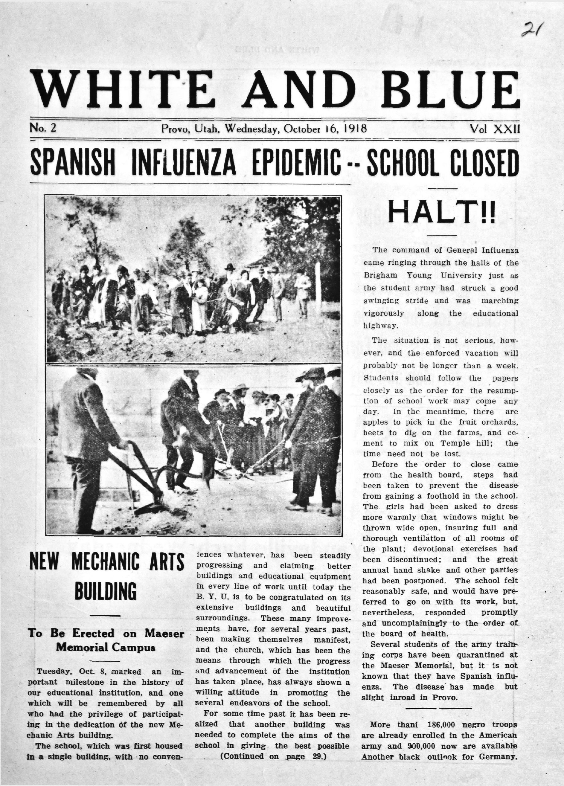 The front page of BYU's White and Blue student newspaper for October 16, 1918. The headline reads "Spanish Influenza Epidemic--School Closed. Halt!!"