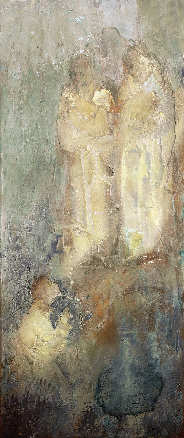 A muted painting of the First Vision of Joseph Smith, in an impressionistic style featuring Joseph Smith with God the Father and Jesus Christ above him.