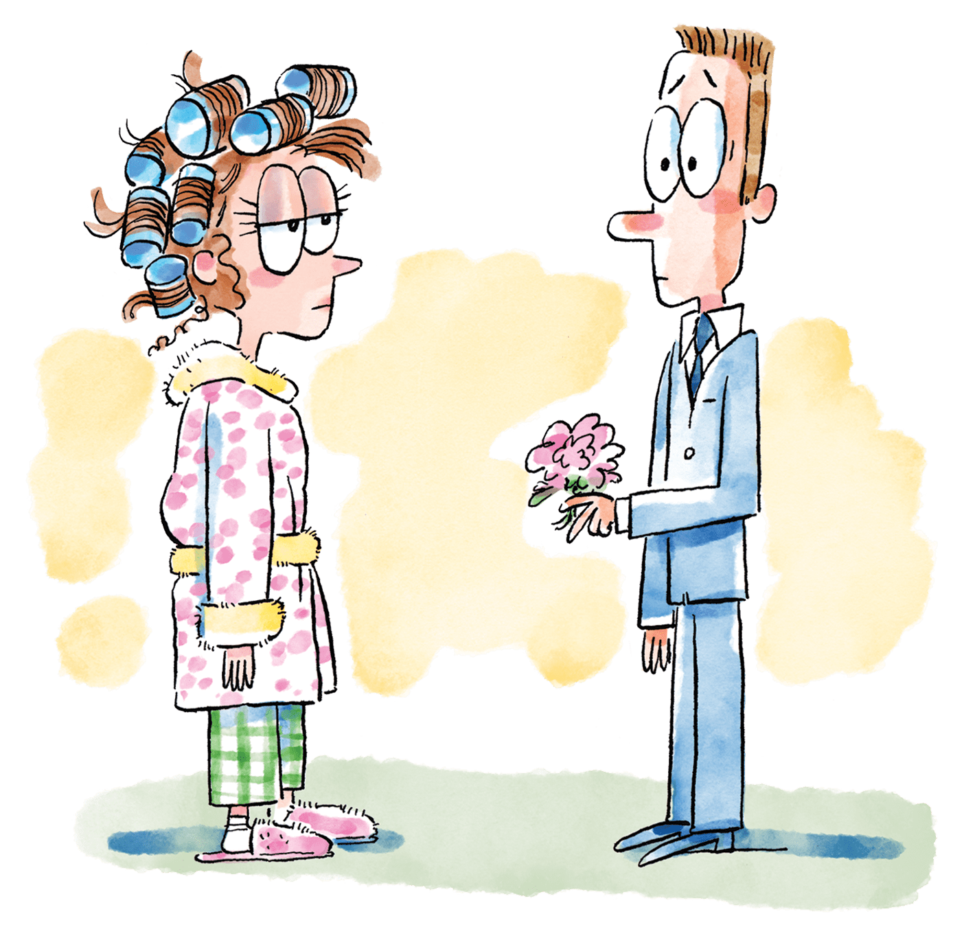 A young woman, hair in curlers and wearing a robe, greets a young man in a powder blue suit holding flowers.