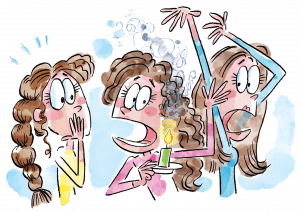 One of three young women is holding a candle and her long brown hair has caught fire.