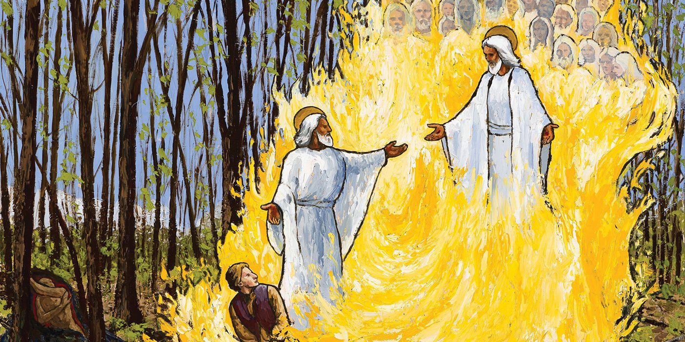 A painting of the First Vision of Joseph Smith, engulfed in spiritual fire as he witnesses God the Father introduce His Son Jesus Christ.