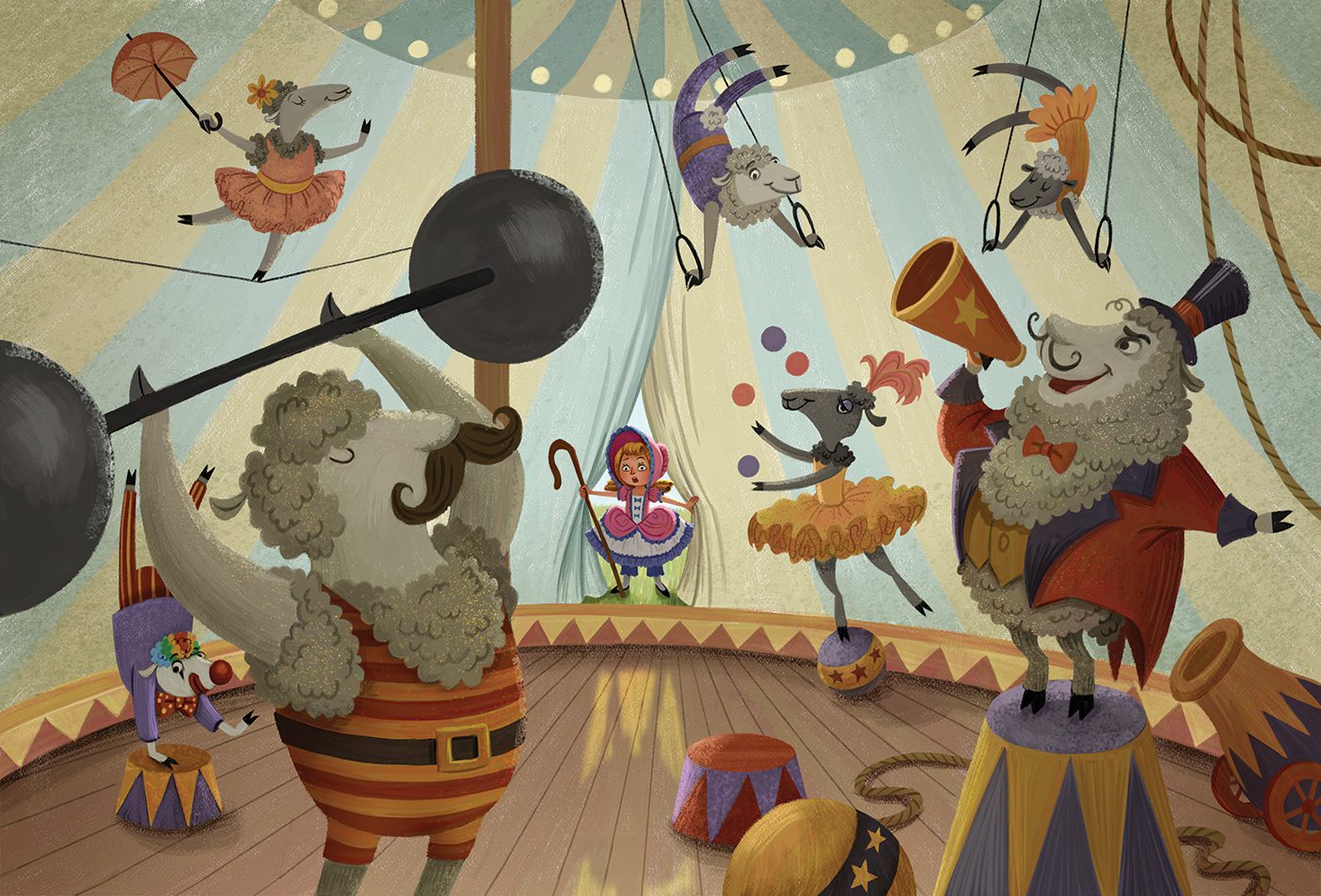 An illustration of Little Bo Peep finding her sheep performing a circus.