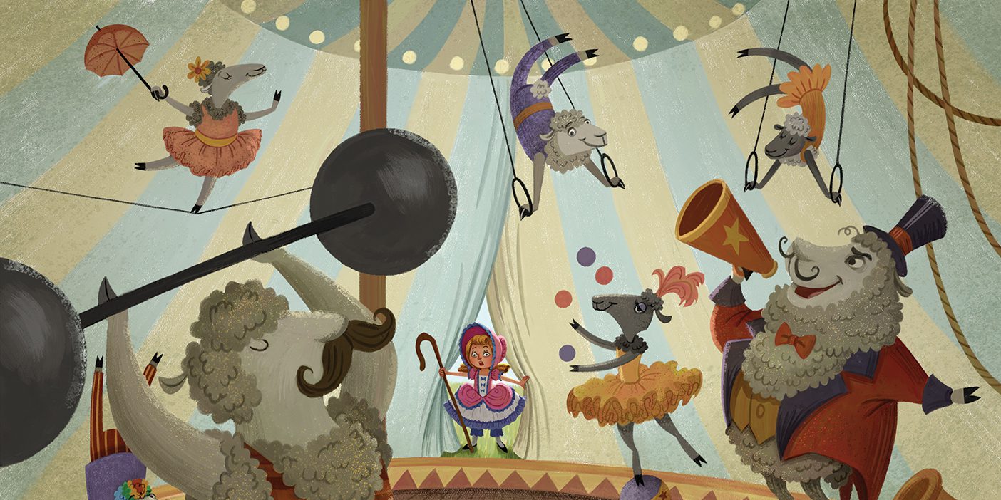 An illustration of Little Bo Peep finding her sheep performing a circus.