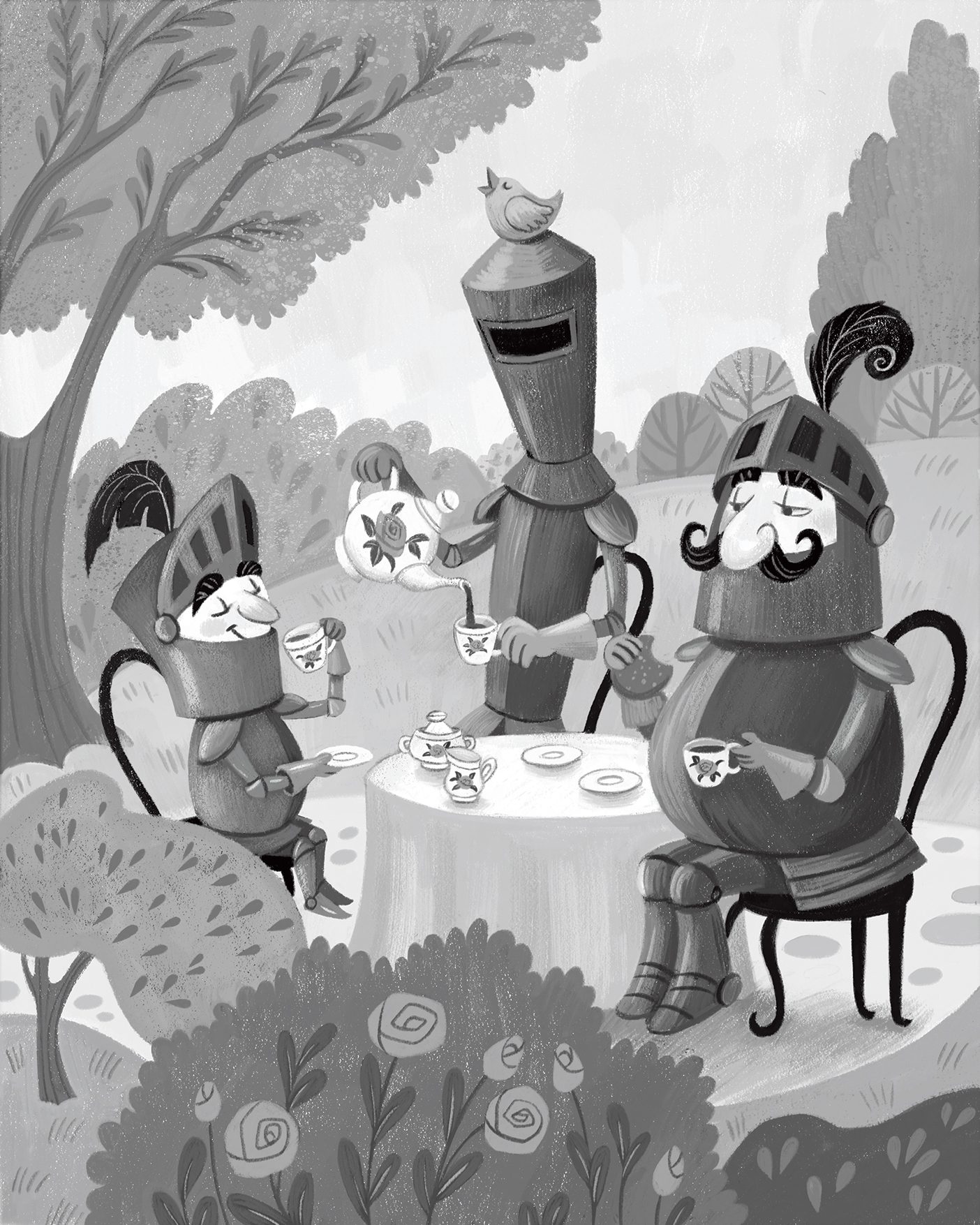 An illustration of 3 knights sitting around a table having a tea party.