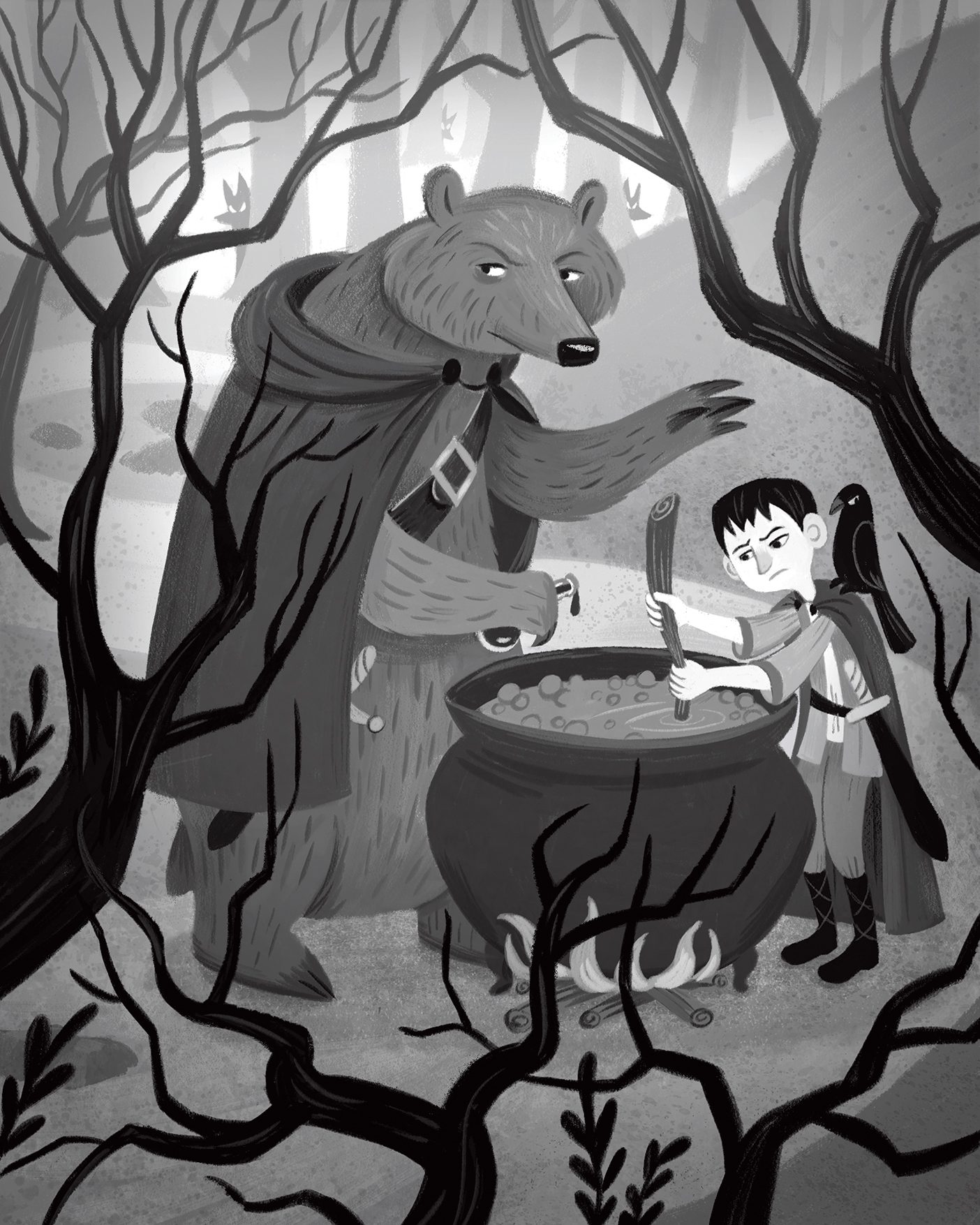 An illustration of a bear wearing a cape and a young boy mixing a cauldron together.