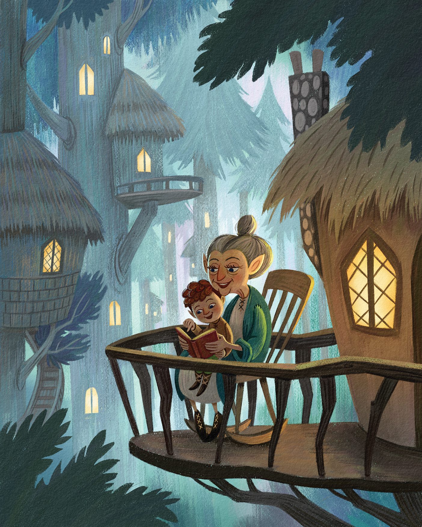 An illustration of a young child sitting on their grandmother's lap as she reads.