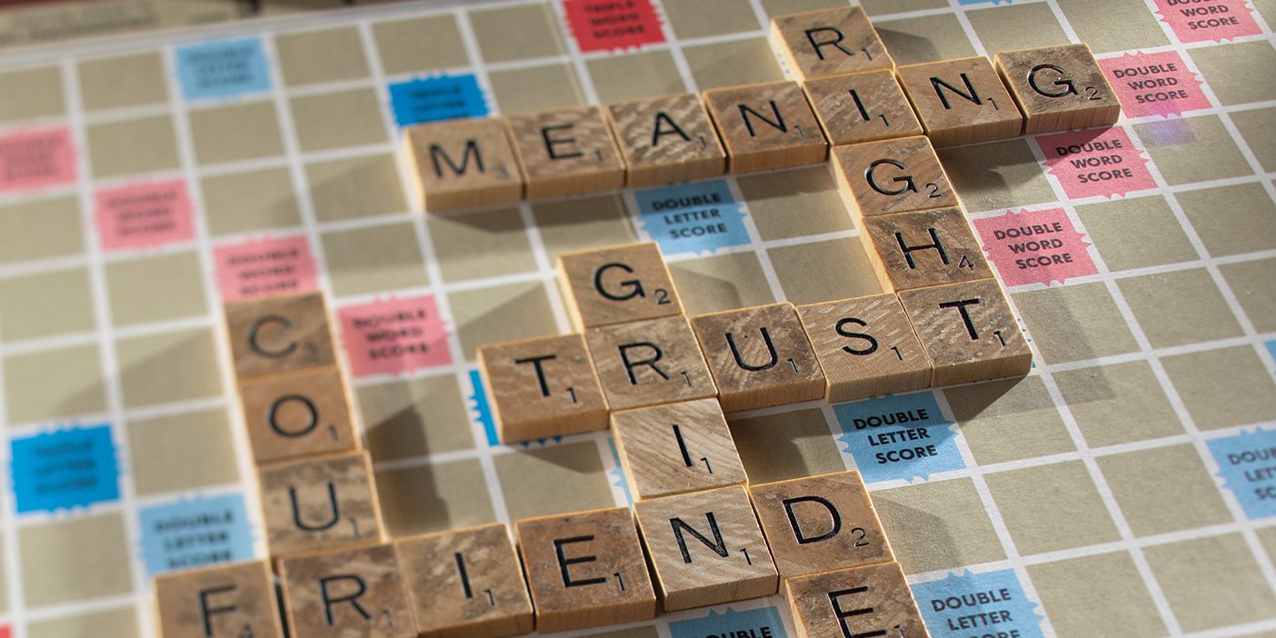 A Scrabble puzzle with words like courage, wonder, and dessert.