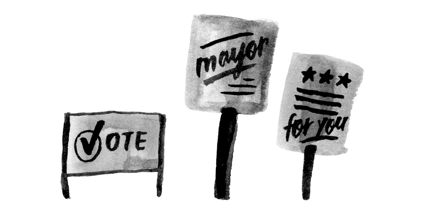 Political signs, reading "Vote," "Mayor," and "For You."
