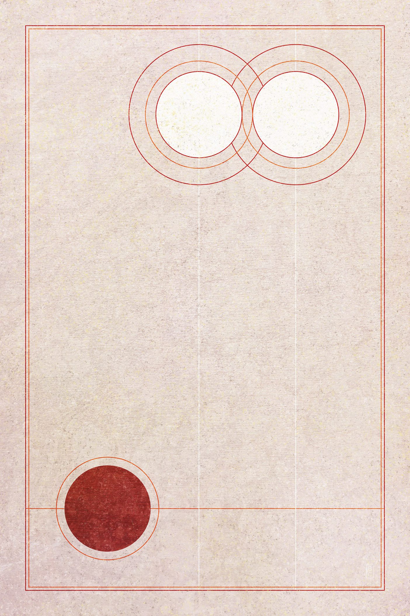 An abstract depiction of the First Vision of Joseph Smith. Smith is represented by a red circle with Heavenly Father and Jesus Christ above him, represented by two white circles.