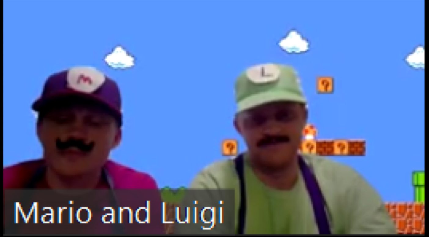 Trevor Lemmons dressed as a Mario on a Zoom call, with a friend dressed as Luigi.