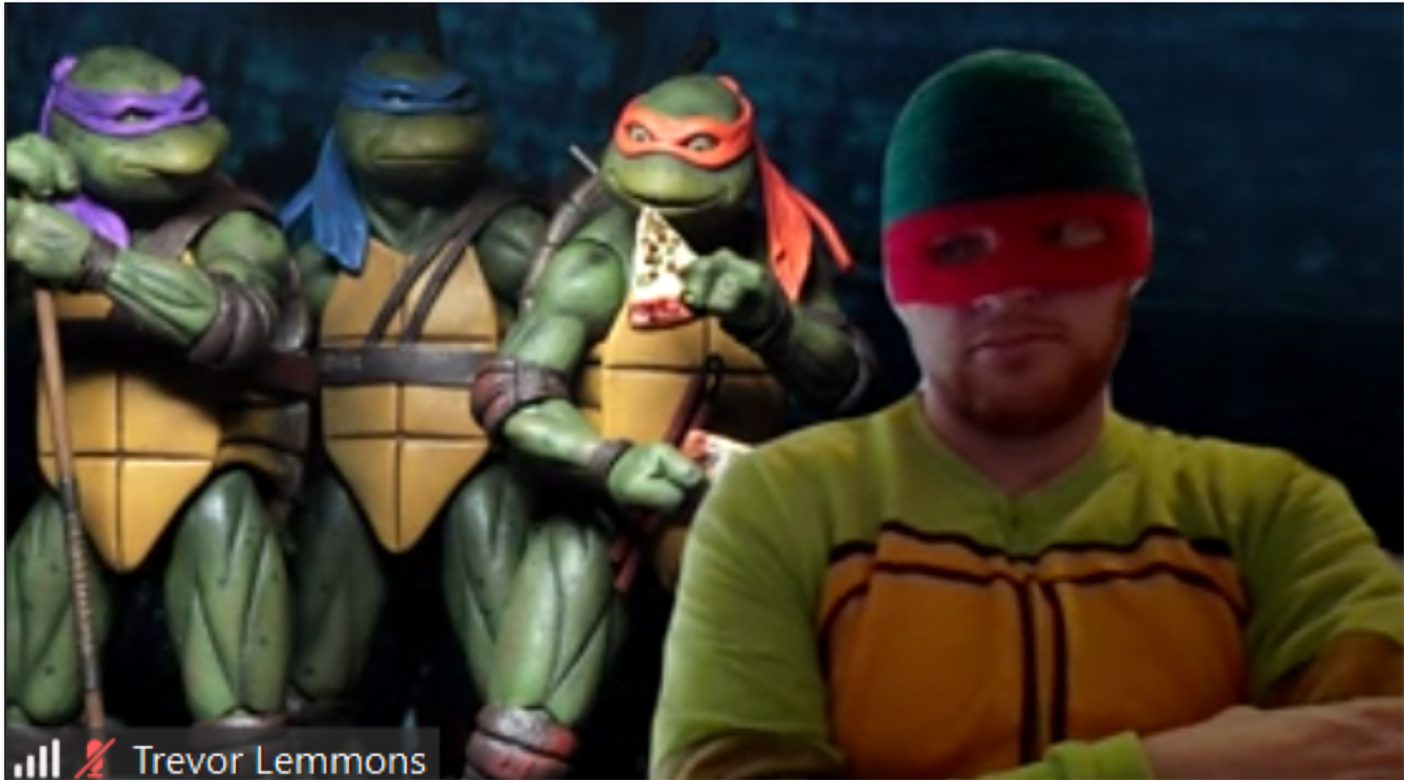 Trevor Lemmons dressed as a Ninja Turtle on a Zoom call.