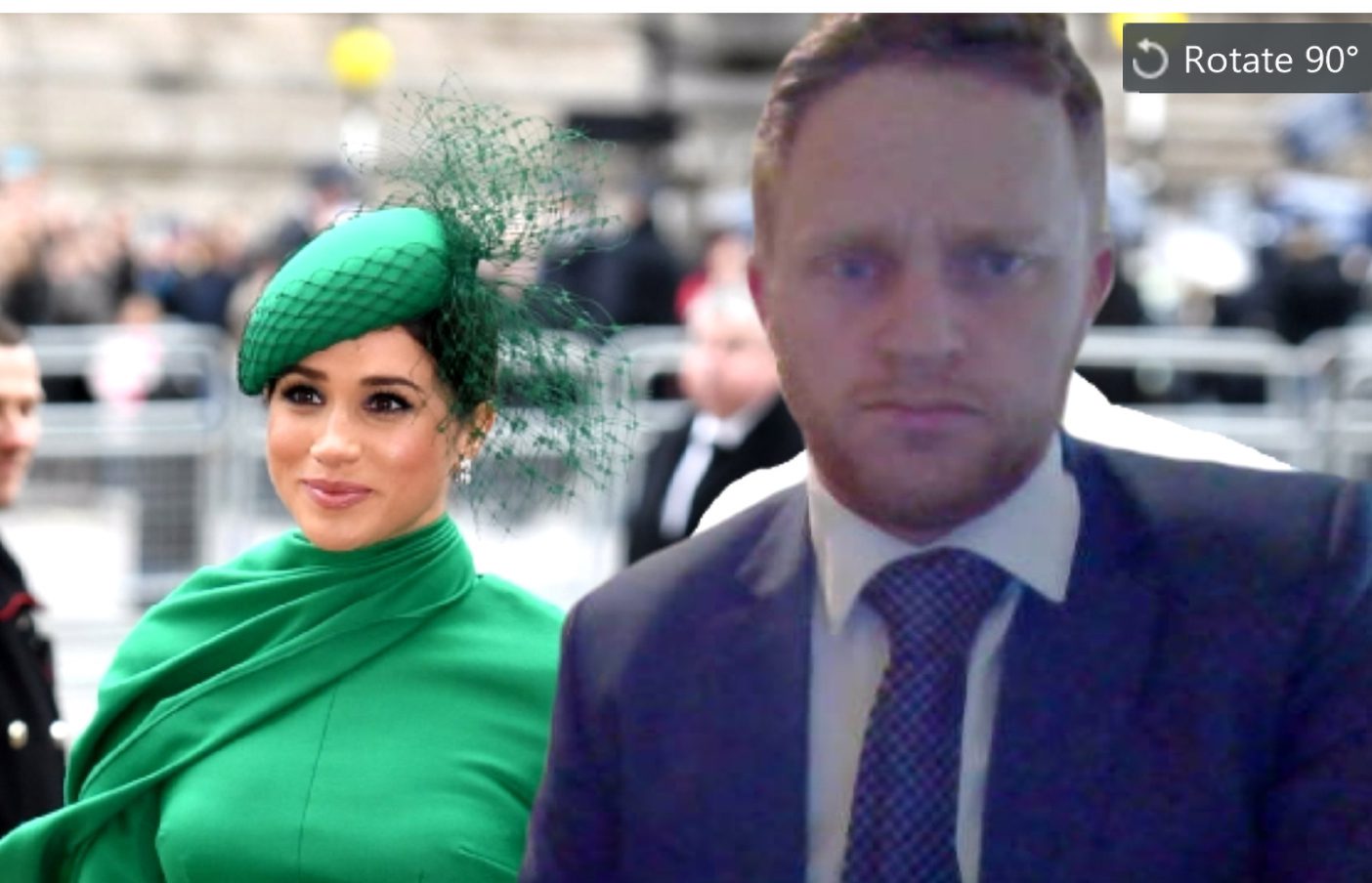 Trevor Lemmons dressed as a Prince on a Zoom call with a picture of Meghan Markle behind him.
