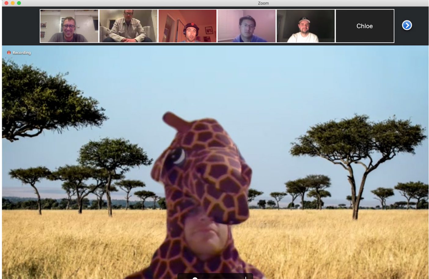 Trevor Lemmons wearing a giraffe costume on Zoom with a Serengeti background.
