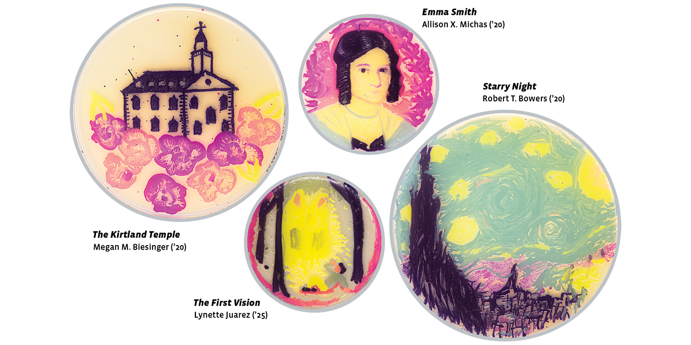 Four petri dishes containing artistic renderings of the Kirtland temple, the portrait of Emma Smith, the First Vision, and Van Gogh's “Starry Night.” Images were painted using dark purple, bright pink, turquoise, and yellow bacteria.