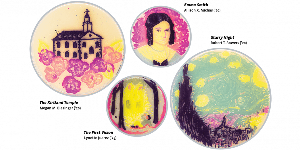 Four petri dishes containing artistic renderings of the Kirtland temple, the portrait of Emma Smith, the first vision, and Van Gogh's “Starry Night.” Images were painted using dark purple, bright pink, turquoise, and yellow bacteria.