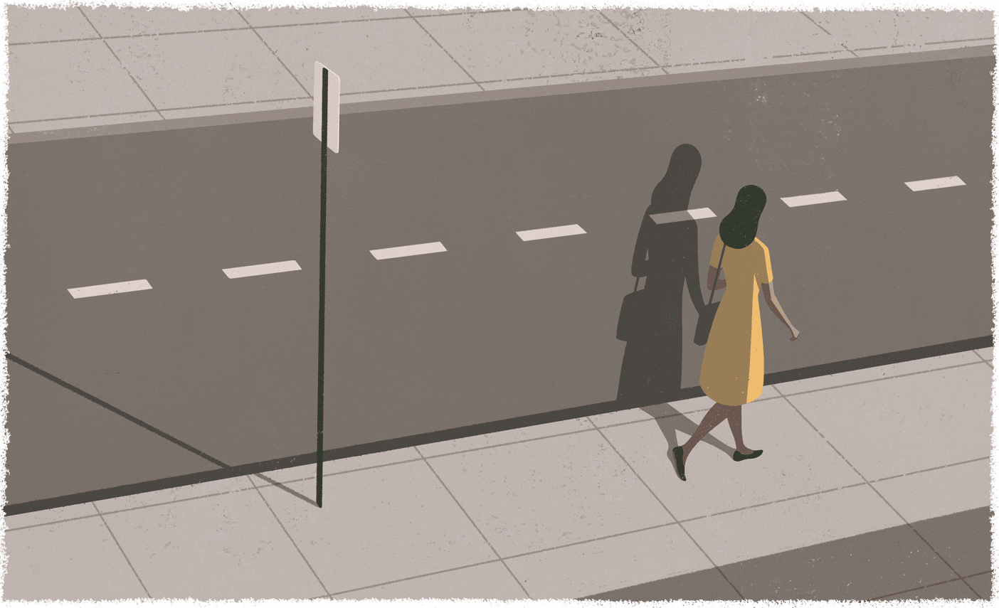 An illustration of a woman walking alone down the street with just her shadow.