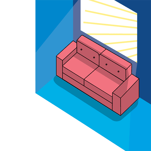 An illustration of an empty couch with sun rays coming through an open window.