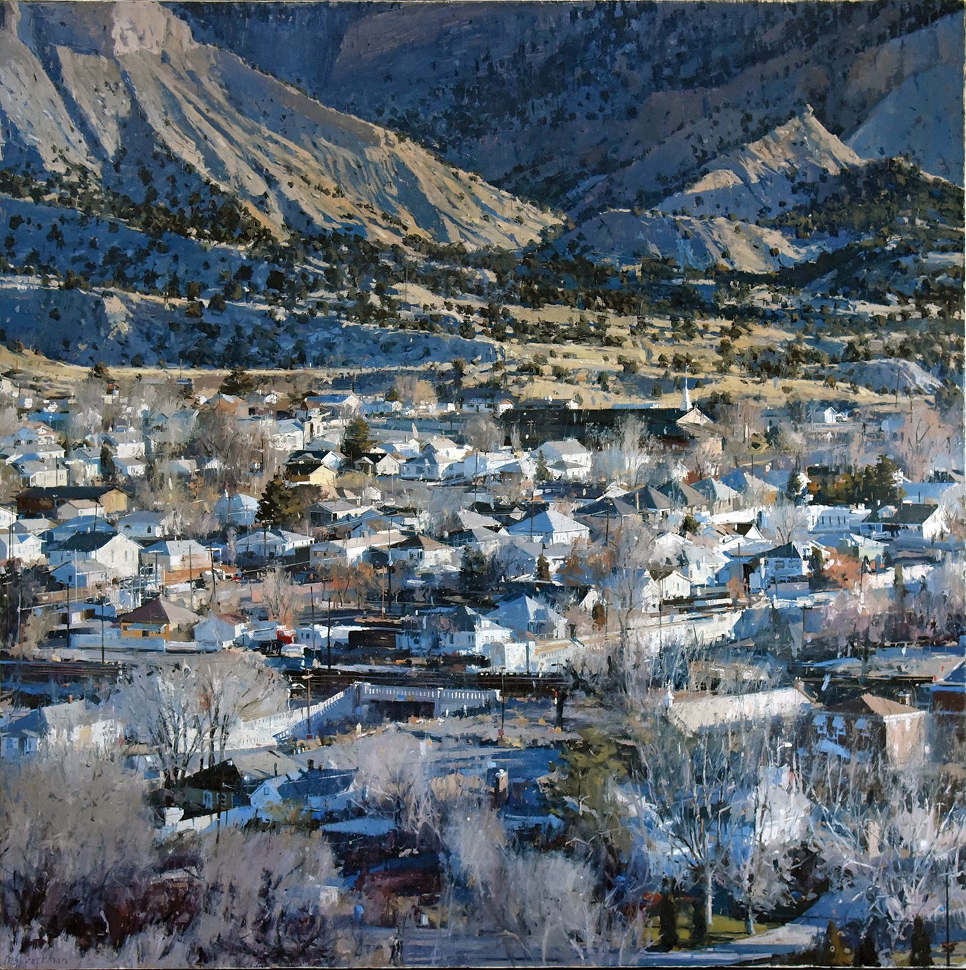 An oil painting of a Utah town that sits below the mountain. At the top half of the canvas, the mountain is a soft yellow-green covered in dark green trees. The houses, mostly white with peaked grey roofs, line the streets surrounded by wispy, dead trees.