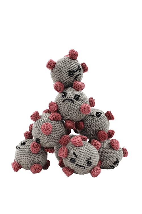 Stuffed virus toys with varying upset faces built into a pyramid tower.