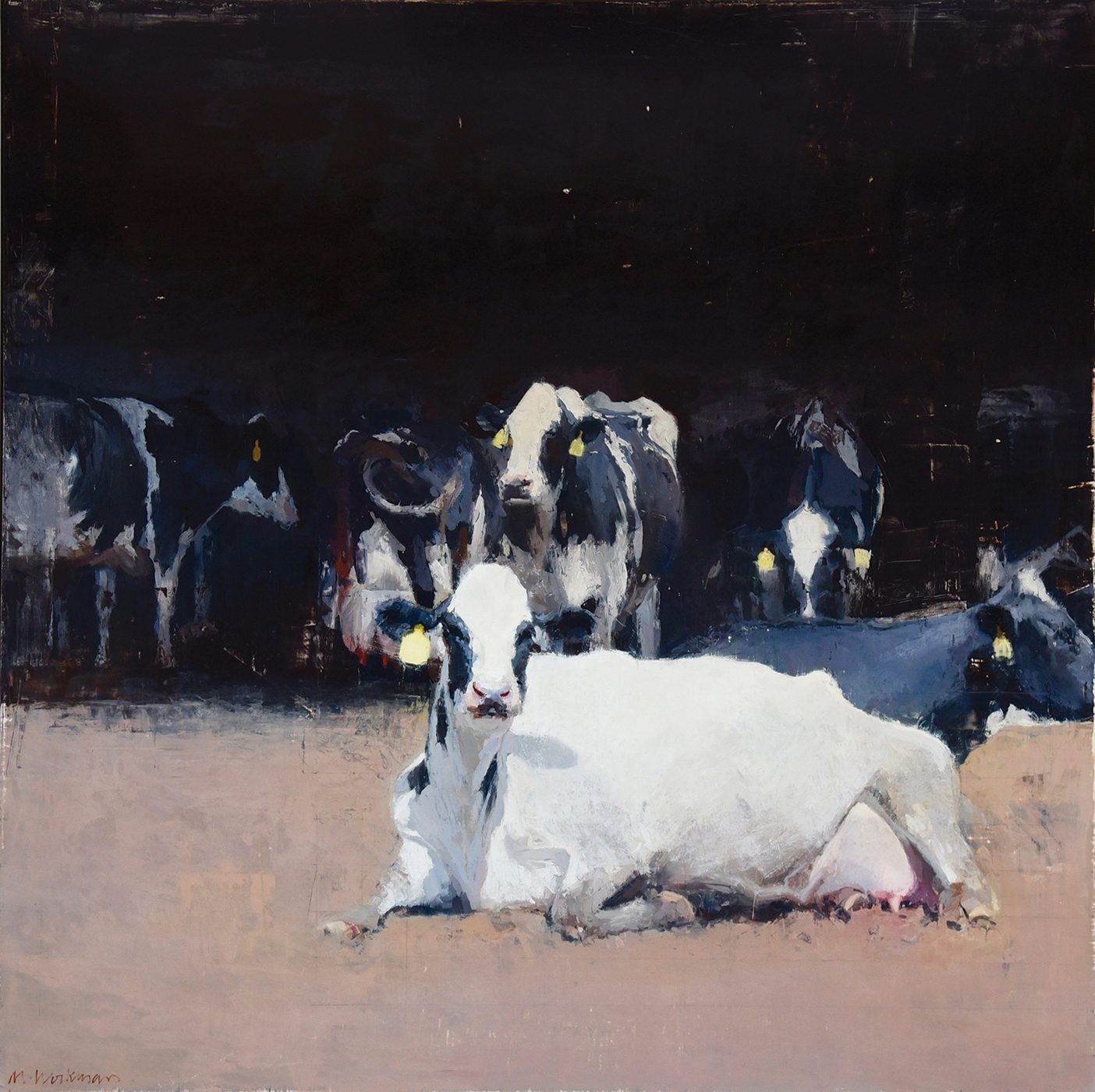An oil painting of a cow laying on a field with a yellow tag on its ear, in the background are several cows with yellow tags as well.