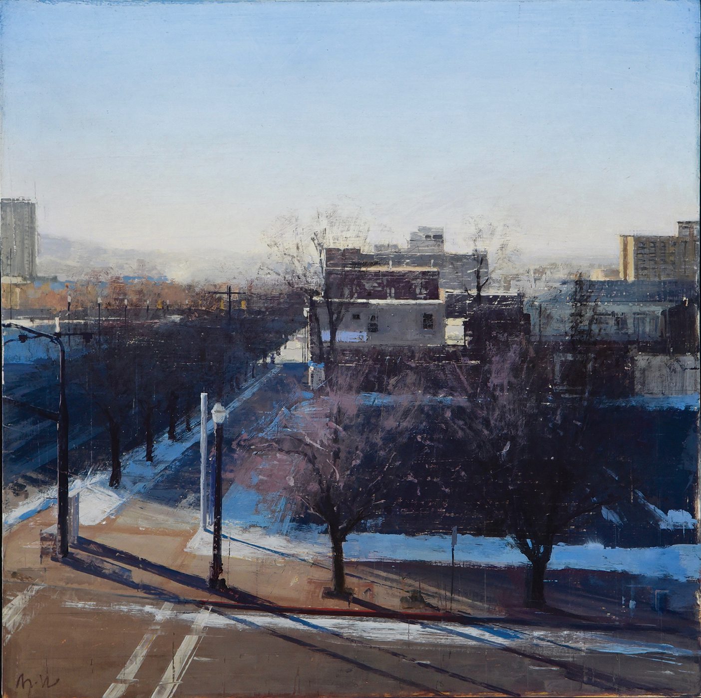 An oil painting of a Salt Lake City street crossing; from a bird's eye view you see a two sidewalks perpendicular, one going up and the other to the right. Two dead trees line the sidewalk going right and an empty parking lot sits behind them, followed by muted-colored buildings behind and a dusky blue sky above.