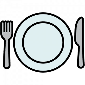 A graphic of a plate, fork, and knife.