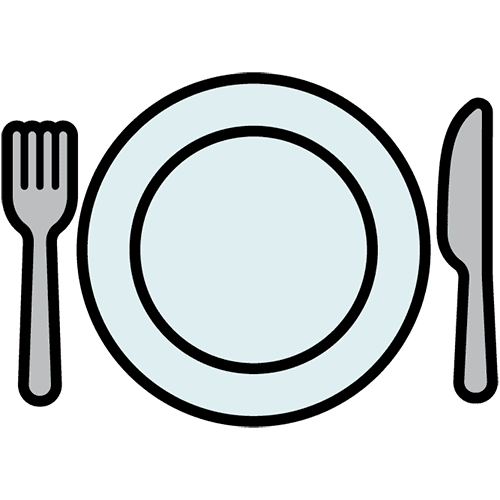 A graphic of a plate, fork, and knife.
