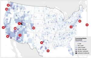 A heat map with markers on each of the areas where BYU Learning Suite was most commonly logged into.