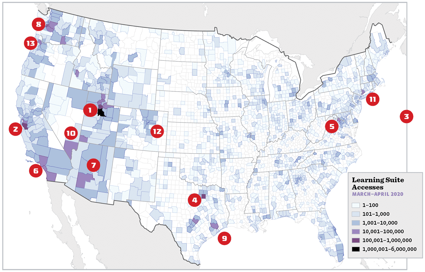 A heat map with markers on each of the areas where BYU Learning Suite was most commonly logged into.