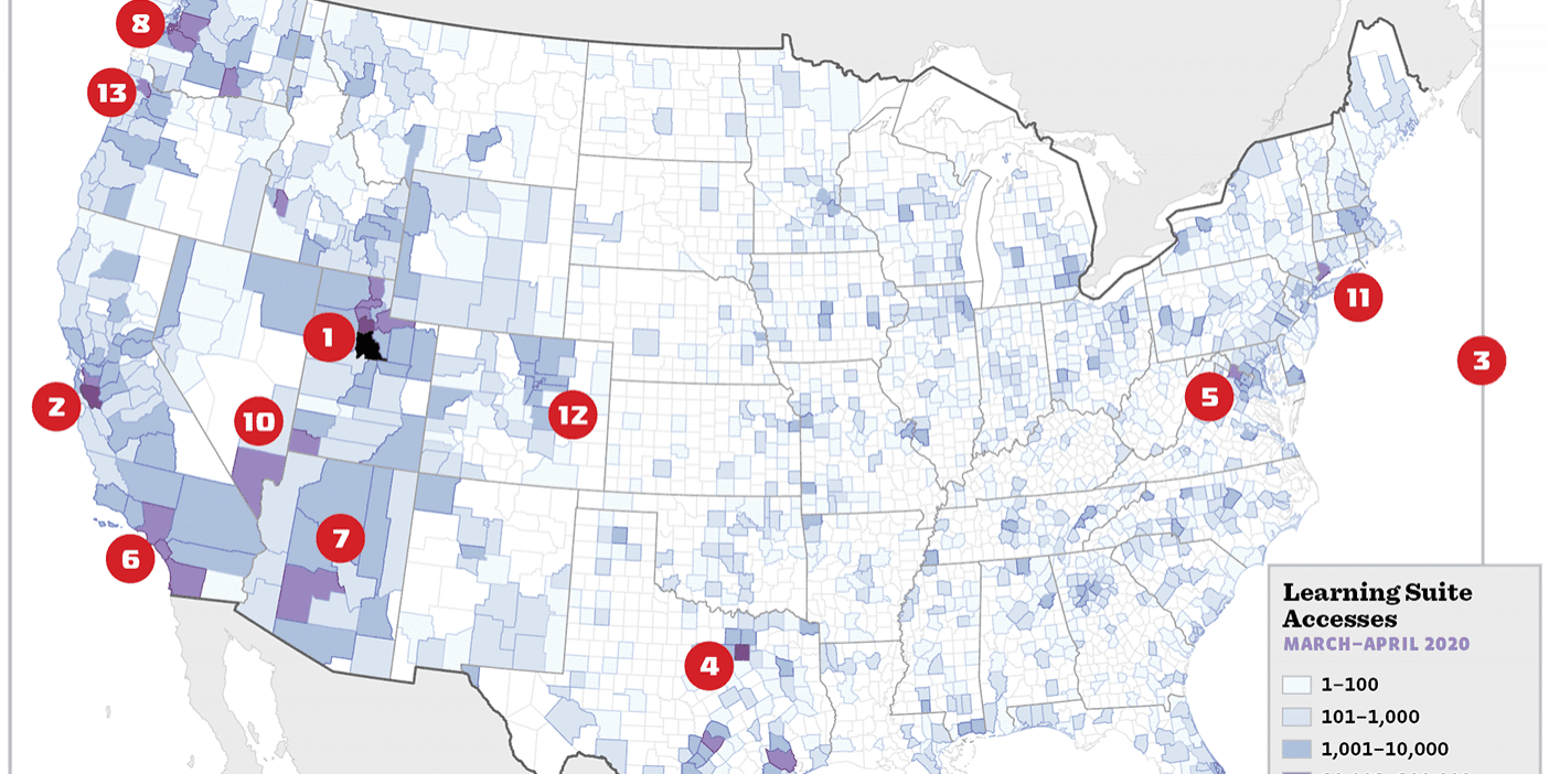 A heat map with markers on each of the areas where BYU Learning Suite was most commonly logged into.