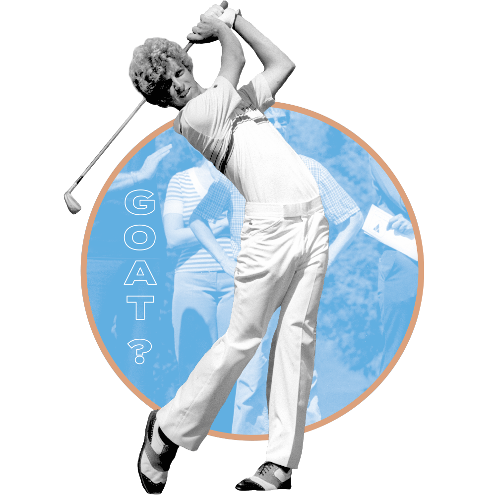 A black and white of golfer Bobby Clampett silhouetted in a blue circle.