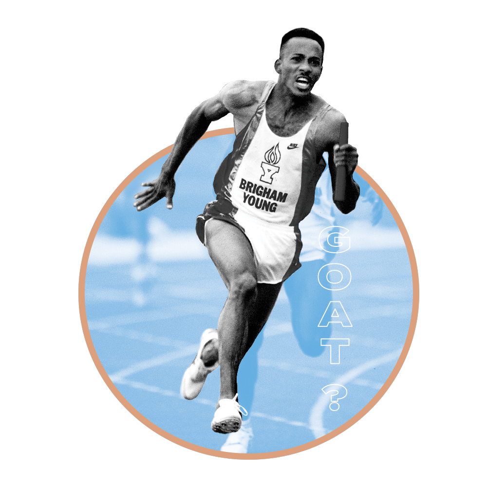 A black and white photo of running Frank Fredericks silhouetted in a blue circle.