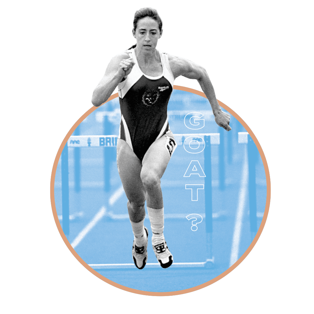 A black and white image of runner Tiffany Lott-Hogan, silhouetted in a blue circle.