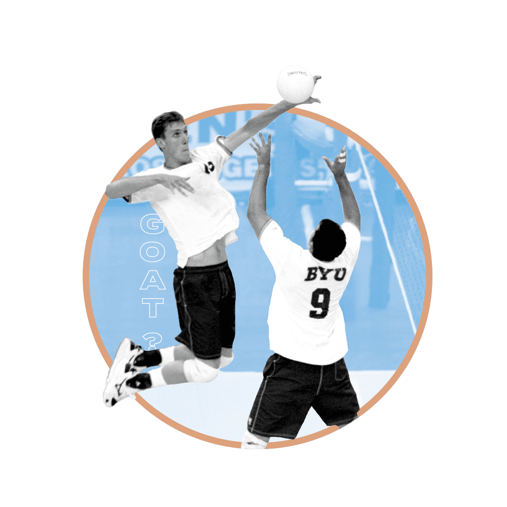 A black and white image of volleyball player Ryan Millar about to spike a volleyball that is being set by another player. They are silhouetted in a blue circle.