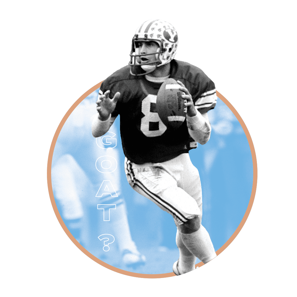 A black and white photo of football player Steve Young silhouetted in a blue circle.