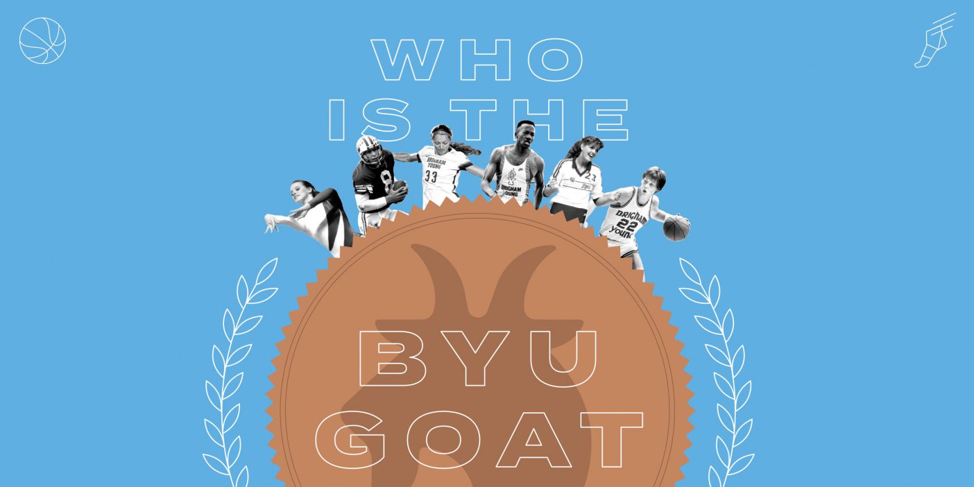 Opening image for a magazine article titled, "Who Is the BYU GOAT?" Six images of athletes are cut out above a large brown circle that has a silhouette of a goat head in it.