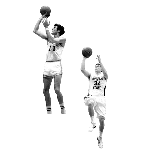 Black and white cutout images of basketball player Kresimir Cosic and Jimmer Fredette.