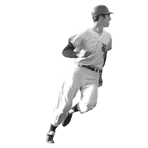 A black and white photo of baseball player Douglas Howard running.